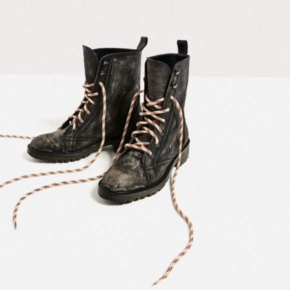 Zara Black Distressed Lace-up Combat Boots - Picture 5 of 5